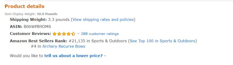 Amazon sales rank example for search query bow, fourth place in subcategory