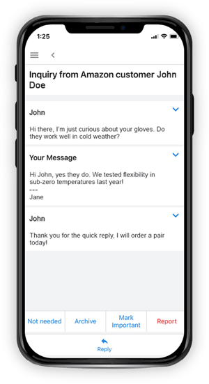 Customer message and response on the Amazon Seller app