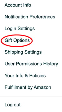 Gift options setting circled on the account settings dropdown in Amazon Seller Central
