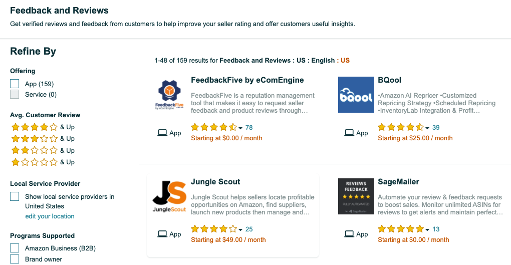 Top feedback and reviews apps on the Amazon Seller Central Partner Network