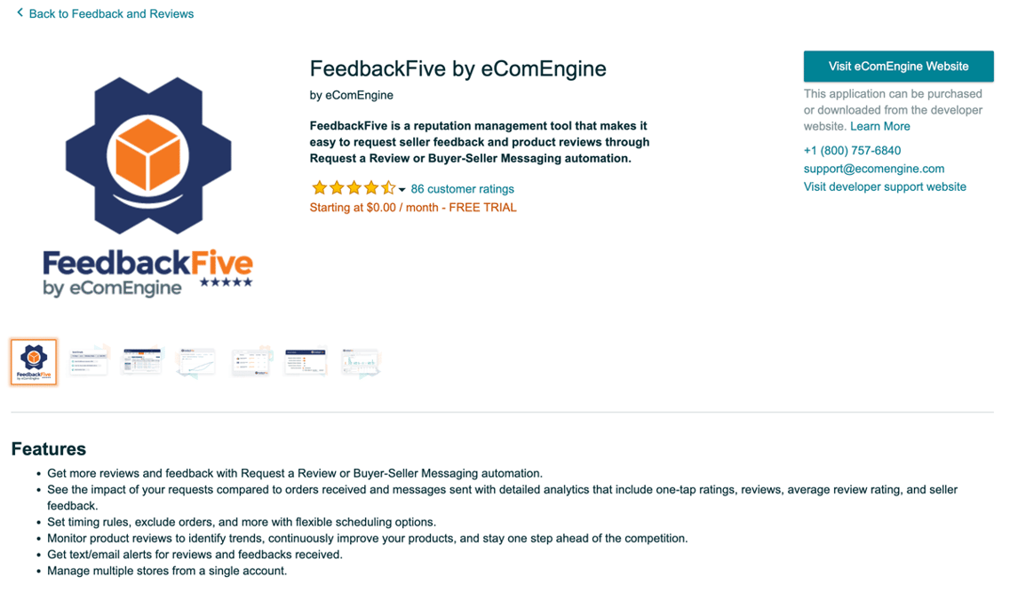 FeedbackFive page on the Amazon Selling Partner Appstore