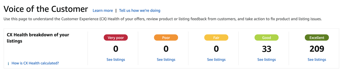 Voice of the Customer CX Health breakdown in Seller Central