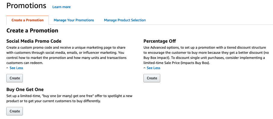 Promotions page in Amazon Seller Central