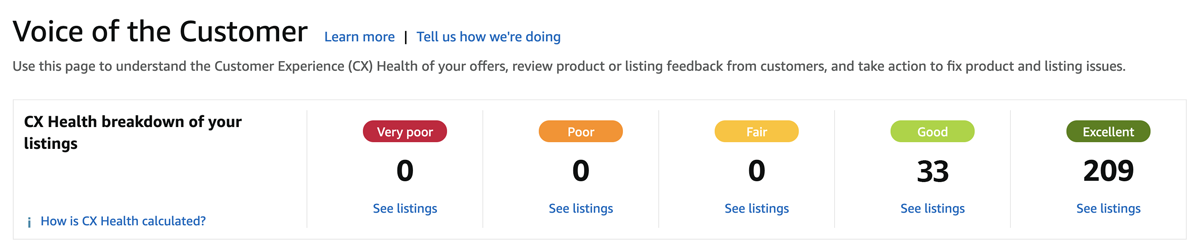 Voice of the Customer page in Amazon Seller Central