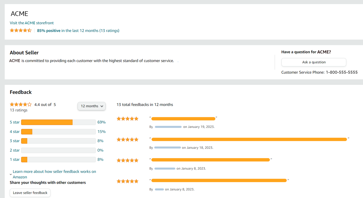 Amazon seller feedback profile example