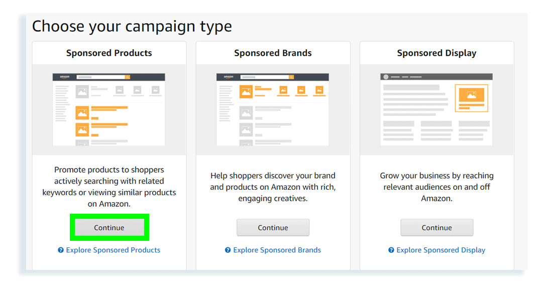 Sponsored ad campaign type selection in Seller Central