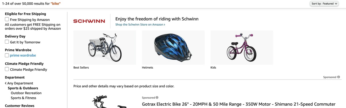Sponsored brand ad for Schwinn from Amazon.com