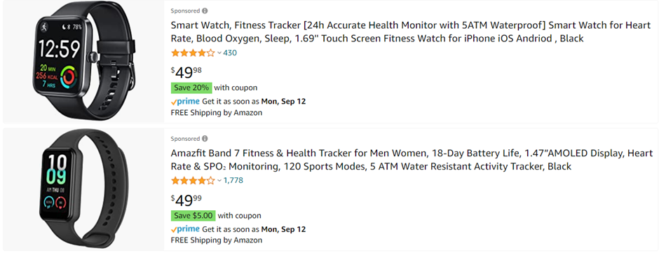 Sponsored Product ads on Amazon for watches