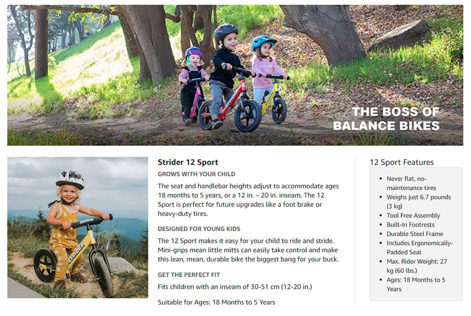 Strider A+ content example for a balance bike