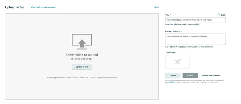 Screenshot of video upload page in Seller Central
