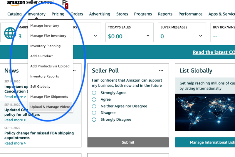 Screenshot of menu option to upload and manage videos in Seller Central