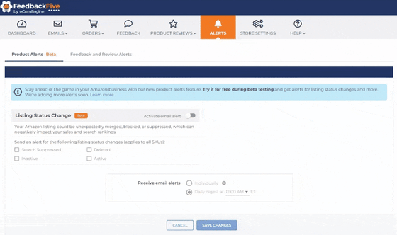Animation showing how to turn on listing status change alerts in FeedbackFive