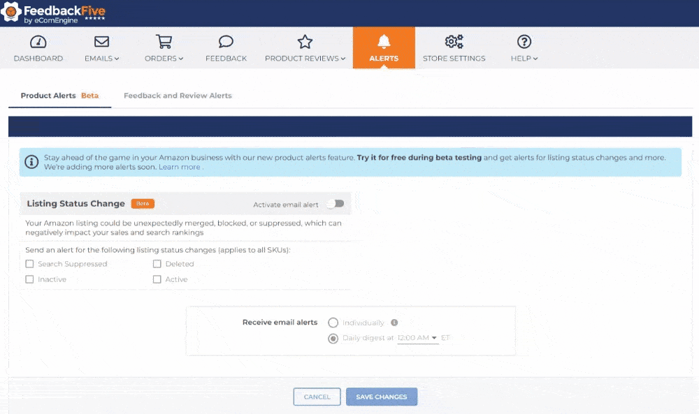 Animation showing how to turn on listing status change alerts in FeedbackFive