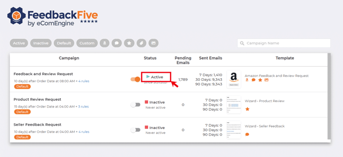 Arrow pointing to the active status button for campaigns in FeedbackFive