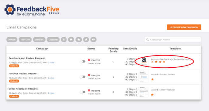 Circle around the Amazon feedback and review request template option in FeedbackFive