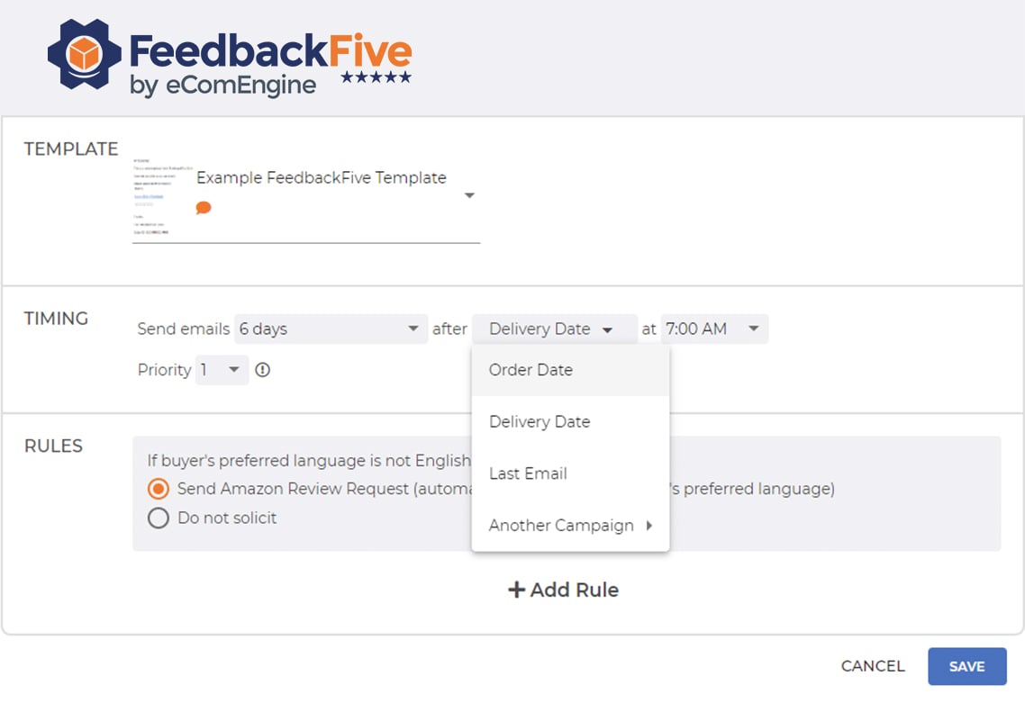 Campaign rules timing options in FeedbackFive