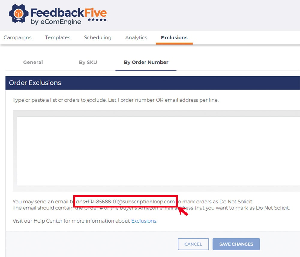 Email exclusions by order number in FeedbackFive