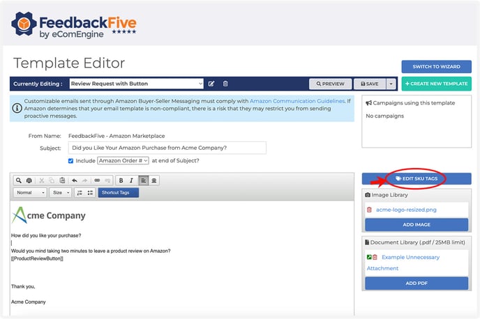 FeedbackFive template editor showing how to edit SKU tags