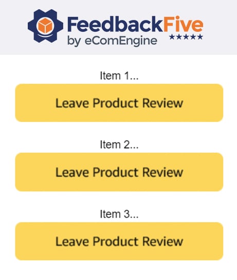 Amazon CTA buttons with text, "Leave product review" for three items
