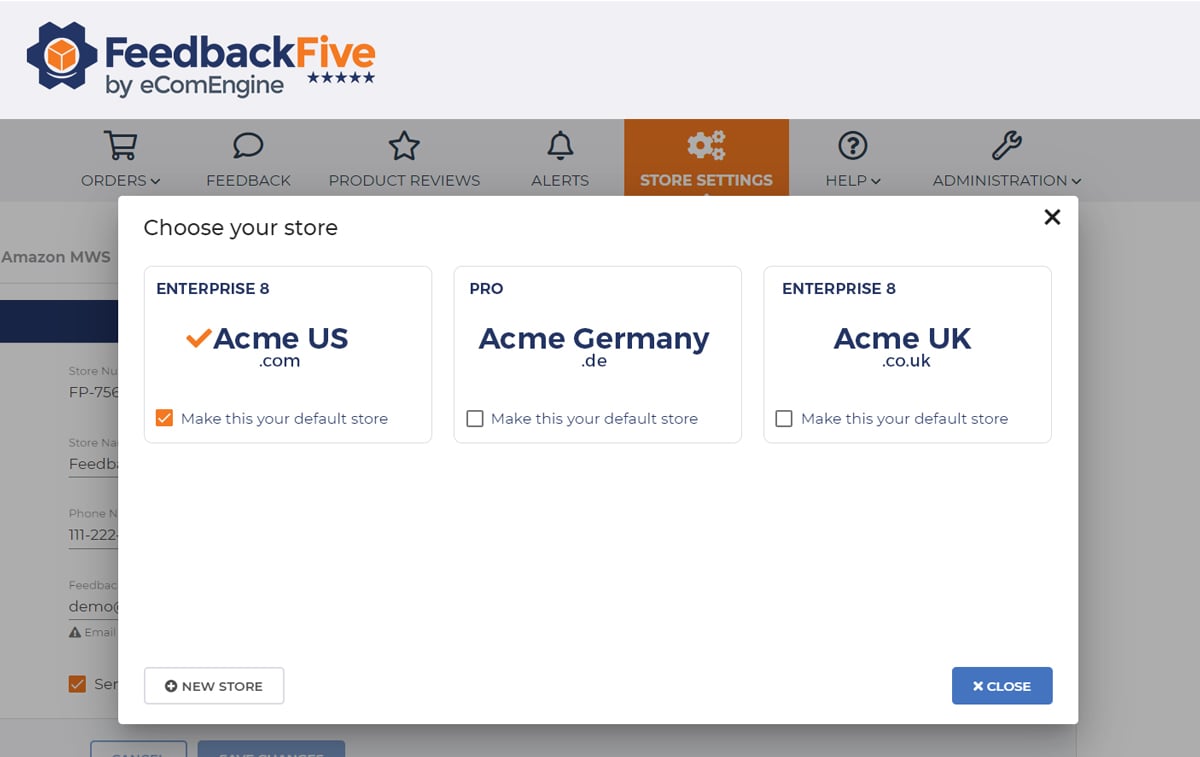 Choose your store window to manage multiple marketplaces in FeedbackFive