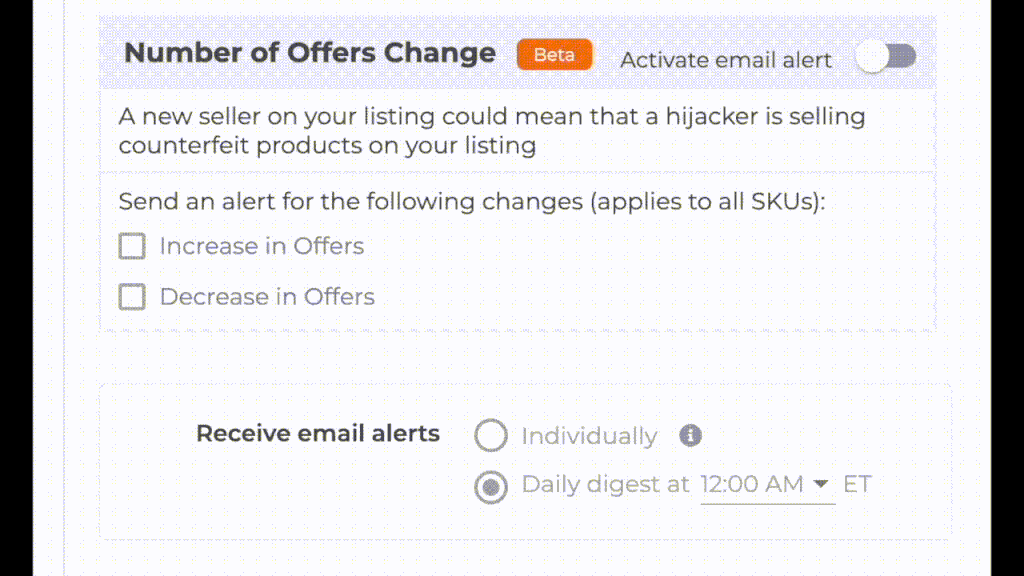 Animation showing how to turn on FeedbackFive's number of offers change alert and the email you receive