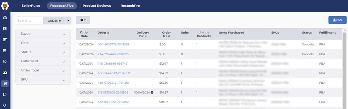 Order data in FeedbackFive