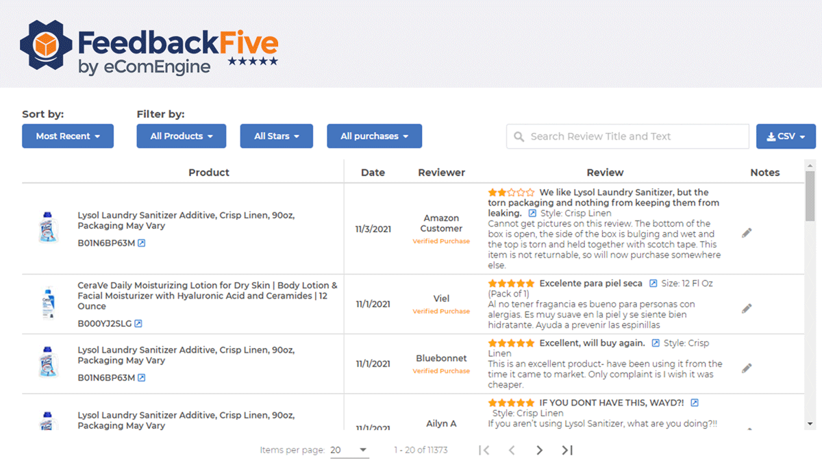 30-day review history for an ASIN in FeedbackFive