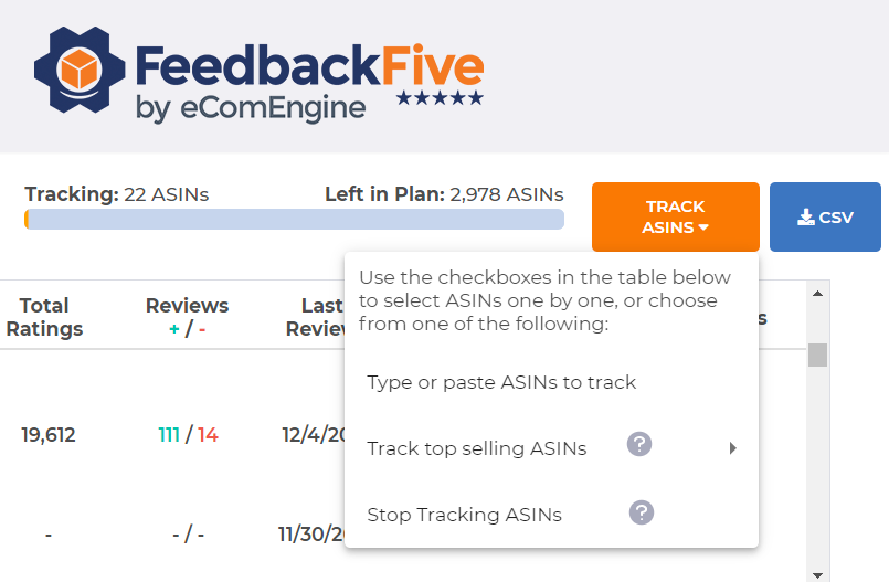 Track ASINs button in FeedbackFive