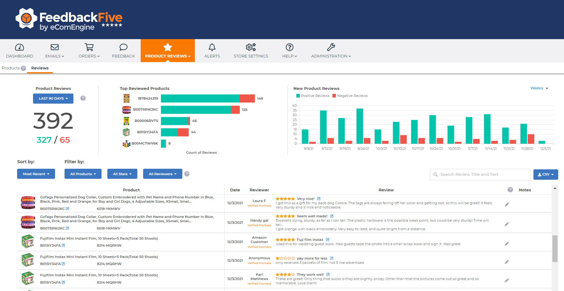 Reviews page on the FeedbackFive product reviews dashboard
