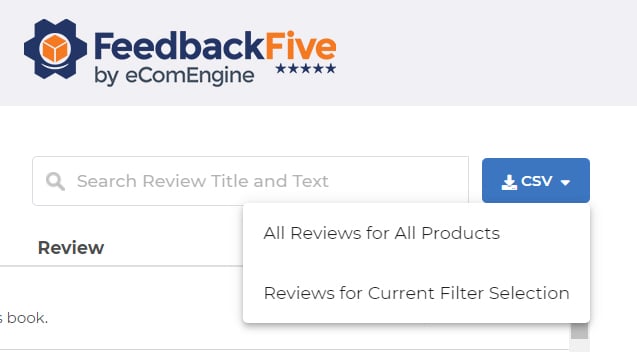 CSV button in FeedbackFive to download a review summary or all reviews