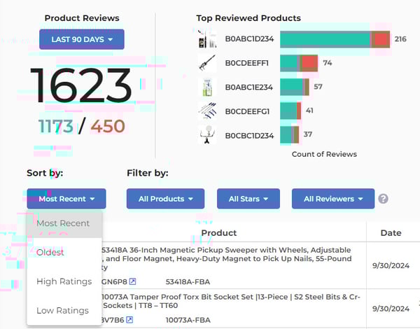 Reviews filter options in FeedbackFive