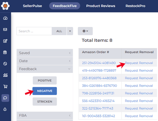 Arrows pointing to the negative feedback filter and the Request Feedback Removal button in FeedbackFive