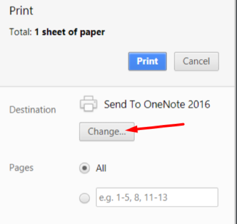 Arrow pointing to the change printer destination button in Google Chrome email print settings