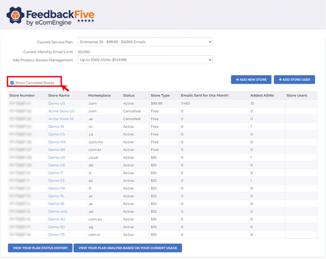 Arrow pointing to the show canceled stores box in FeedbackFive