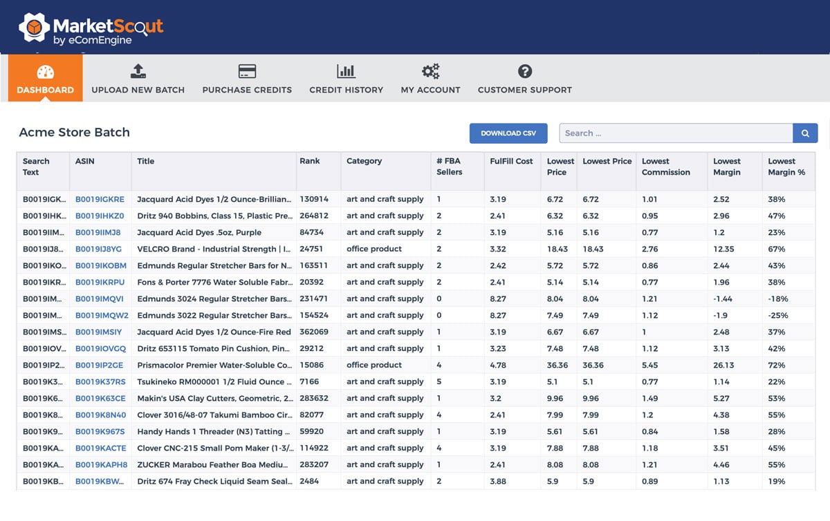 MarketScout dashboard showing an ASIN product research report