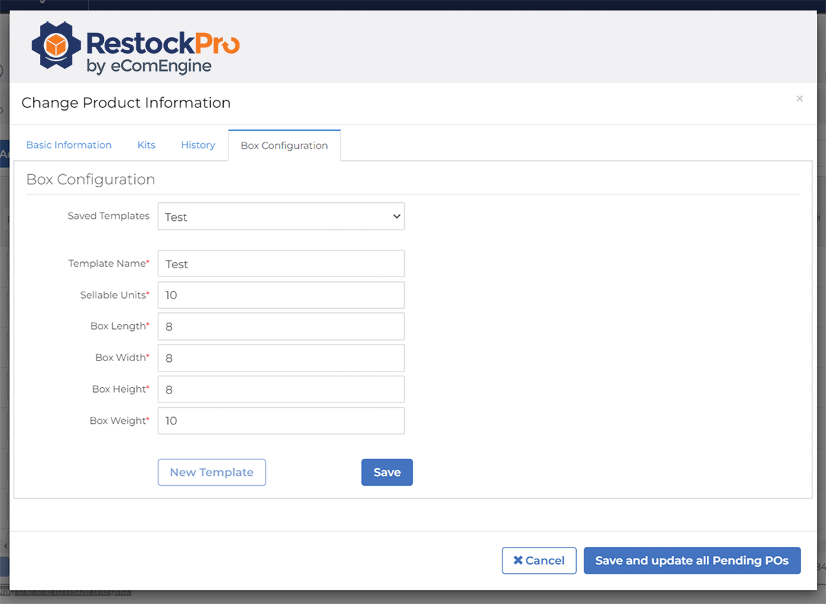 Box configuration view in RestockPro