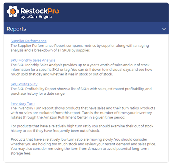 Reports section of the RestockPro dashboard