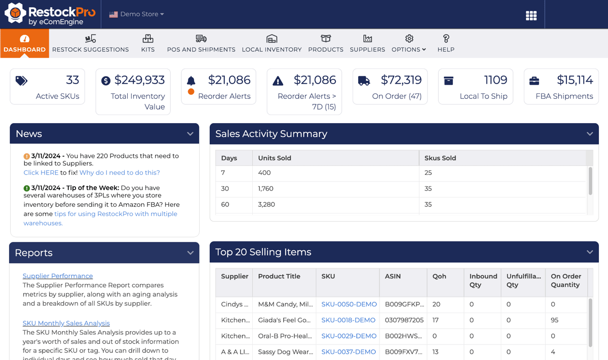 Dashboard view in RestockPro