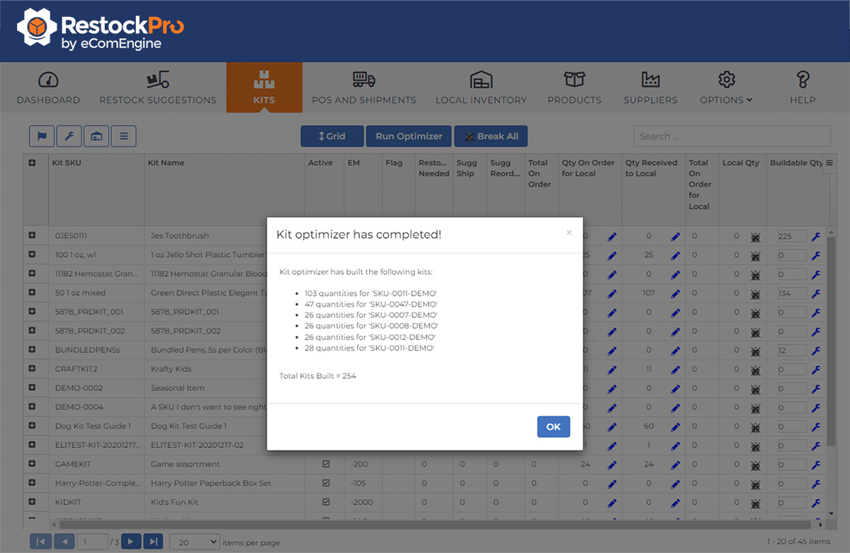 Kit optimizer completed window in RestockPro