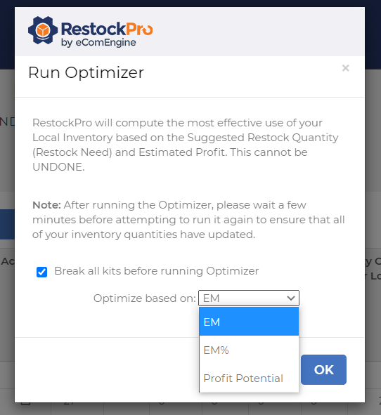 Run Kit Optimizer window in RestockPro