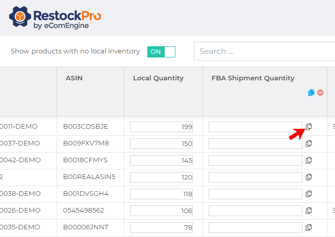 Arrow pointing to the icon for copying local quantity into FBA shipment quantity in RestockPro