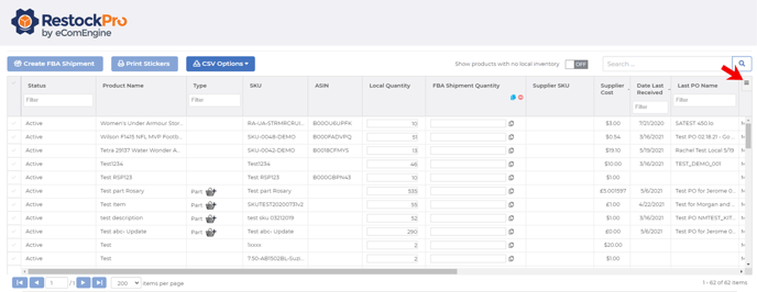 Arrow pointing to the hamburger button on the local inventory grid in RestockPro