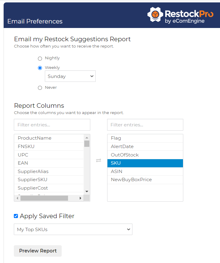 Restock suggestions report email setting in RestockPro