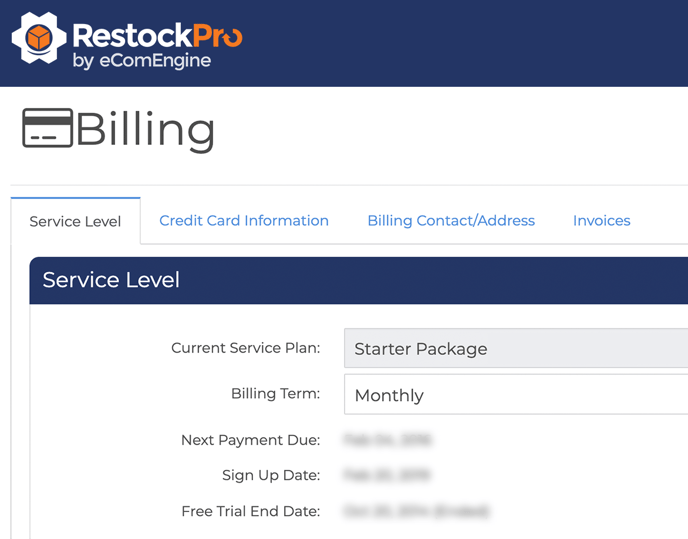 Billing options window in RestockPro