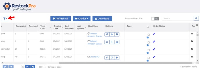 Arrow pointing to the custom filter button on the POs and Shipments page in RestockPro