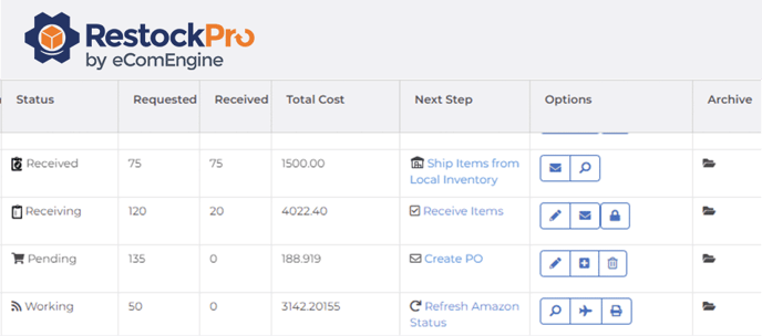 Purchase order and shipments grid in RestockPro