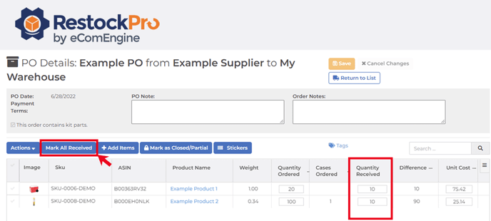 Arrow pointing to the mark all received button on the PO Details page in RestockPro