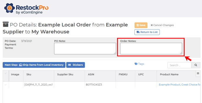 Arrow pointing to the order notes area on the PO Details page in RestockPro