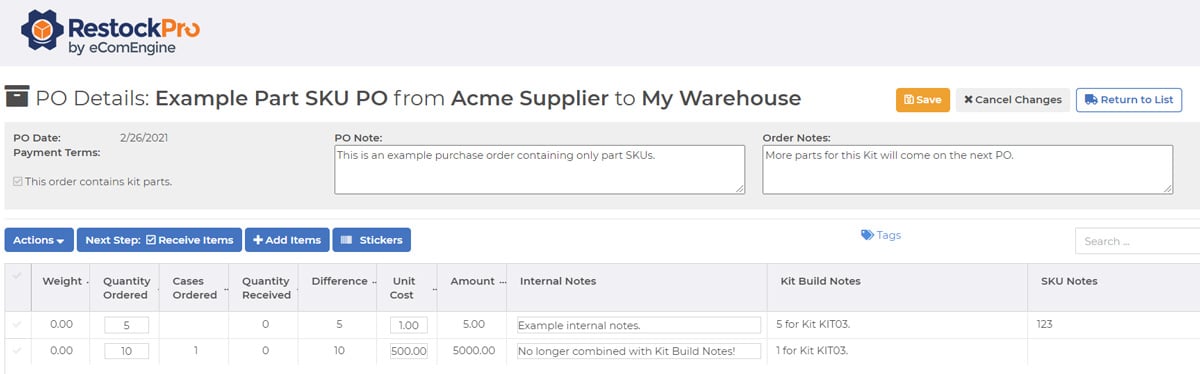 Part SKU purchase order example in RestockPro