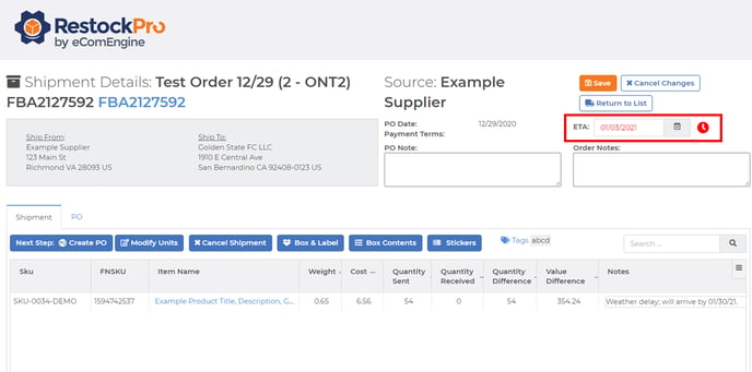 Estimated shipment arrival date in RestockPro